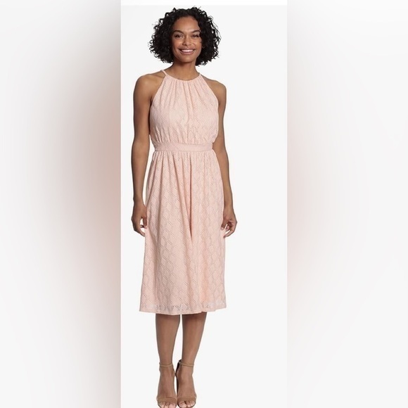 London Times Maggy London peach Diamond Lace Below Knee Halter lined Dress  10
